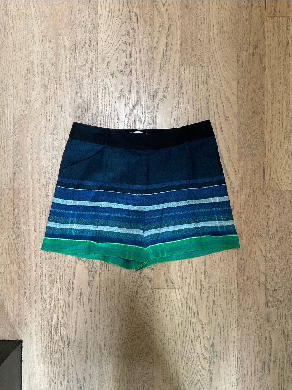 10 Crosby Derek Lam Navy, Teal and Green Striped High-Waist Shorts